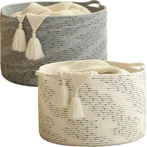 KAKAMAY Large Cotton Rope Blanket Basket (20"x13"),Woven Baby Laundry Hamper，Blanket Basket for Nursery, Laundry, Living Room, Pillows, Toys Dotted Pattern（White）