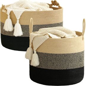 KAKAMAY Large Blanket Basket,Woven Baby Laundry Hamper for Storage, Cotton Rope Blankets Baskets for Nursery, Laundry, Living Room, Pillows, Baby Toy Chest with Handles (Black)