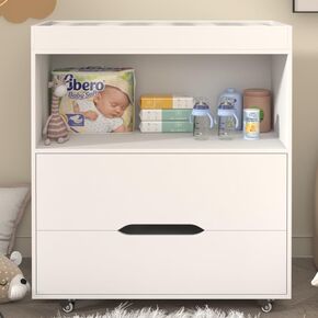 Baby Changing Table with Dresser Top, 2-Drawer Kids Vanity, Easy-Match Drawers and Open Storage Shelves – Perfect for Nurseries and Children's Bedrooms