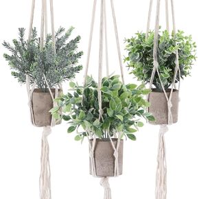CEWOR Artificial Hanging Plants 3 Pack Fake Plants with Macrame Plant Hangers Mini Potted Plants Artificial Plastic Eucalyptus Rosemary Plants for Home Office Bathroom Kitchen Farmhouse Decor