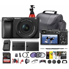 Sony a6400 Mirrorless Camera with 16-50mm f/3.5-5.6 II Lens (Black) (ILCE6400KB) + Photography Software + 64GB Memory Card + NP-FW50 Battery + Camera Bag + Charger + Lens Filter Kit + More (Renewed)