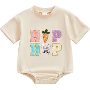 FYBITBO Newborn Baby Boy Girl Easter Outfit Letter Embroidery Romper Short Sleeve T-Shirt Bodysuit My First Easter Clothes