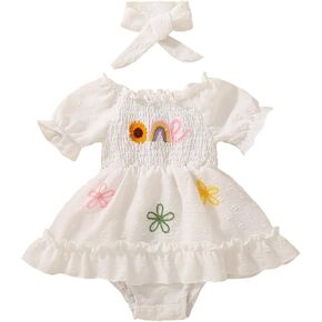 Noubeau Baby Girl 1st Birthday Clothes One Year Old Romper Smocked Dress Short Sleeve Bodysuit First Birthday Outfit