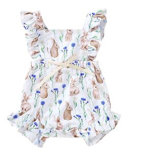 XFGLCK Baby Girls Easter Outfit Bunny Print Halter Strap Romper Ruffled Sleeve Bodysuit One-Piece Jumpsuit