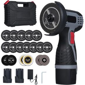Cordless Angle Grinder Kit, 17000RPM Mini Electric Grinder Tool with 16.8V 2x2000mAh Battery and 12pcs Cutting Discs for Cutting Polished Brick Wood Stone Steel