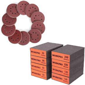 WORKPRO 150-piece Sanding Discs Set - 5-Inch 8-Hole Sandpaper 10 Grades，8-Piece Sanding Sponge Set