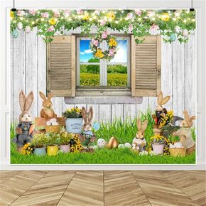 Easter Photo Backdrop Happy Easter Rabbit Photography Backdrops Wooden Wall Window Photoshoot Background Birthday Party Baby Shower Background Decorations Studio Props Supplies 10x8ft