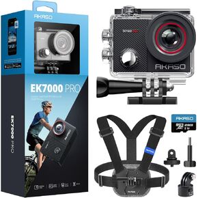 AKASO EK7000 Pro Action Camera with MicroSDXC U3 Card and Quick Release Chest Strap Accessories Kit Bundle