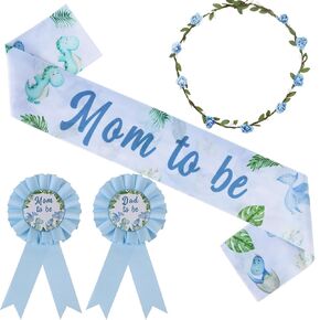 Serencatcher Dinosaur Baby Shower Decorations Boy, Blue Dino Mom to Be Maternity Sash Mom Dad to Be Button Pin Flower Crown Headband for Hatching Soon Baby Shower Gender Reveal Decorations
