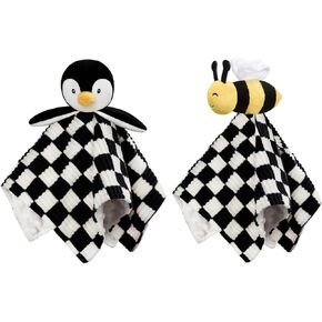 2 Pack Baby Lovey Blanket for Boys Girls Super Soft Checkerboard Gingham with Minky Dot Fabric Backing Stuffed Animal Lovely Snuggle Toy Black 14Inch