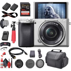 Sony a6400 Mirrorless Camera with 16-50mm Lens (Silver) with Real-Time Eye Auto Focus (ILCE-6400L/S) + 64GB Memory Card + NP-FW50 Battery + Charger + Case + Flexible Tripod + More(Renewed)
