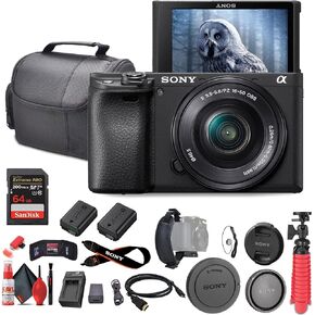كاميرا Sony A6400 بدون مرآة مع عدسة 16-50 مم (فضية) مع التركيز التلقائي في الوقت الفعلي (ILCE-6400L/S) + 64 جيجابايت بطاقة ذاكرة + NP-FW50 Battery + Charger + Case + Tripod Fensible + أكثر (متجددة)