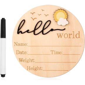 Baby Announcement Sign, 5.83 Inch Wooden Hello World Newborn Sign Cute Welcome Birth Name Plaques Board for Girl Boy Baby Shower Hospital Nursery Photo Prop (Black)