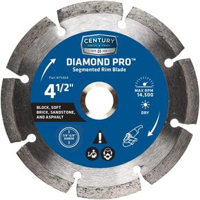 Century Drill & Tool 75464 Professional Segmented Diamond Saw Blade, 4-1/2" x 7/8" Arbor with 5/8" Adapter, Cuts Soft Materials: Block, Brick, Asphalt, Sandstone, Use in Angle Grinder, 14,500 Max RPM