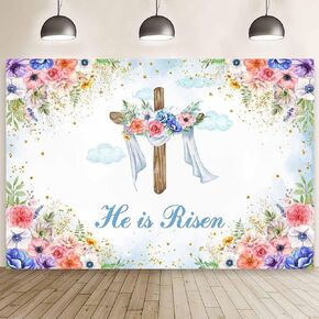 MEHOFOND 7x5ft Easter He is Risen Backdrop Religious Jesus Resurrection Photography Background Pastel Floral Christian Cross Clouds Gold Confetti Spring Easter Day Party Decor Cake Smash Photo Props