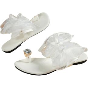 OYOANGLE Women's Rhinestone Toe Ring Bowknot Sandals Open Toe Flat Flip Flops Casual Elegant Sandals