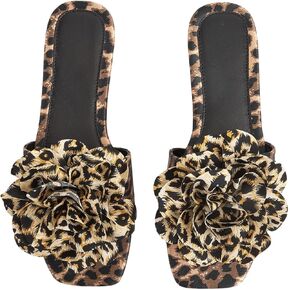 Verdusa Women's 3D Floral Cheetah Flat Sandals PU Leather Square Open Toe Slides Slippers