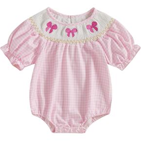 Lamuusaa Newborn Baby Girl Clothes Short Sleeve Smocked Romper Bow Embroidery Plaid Bodysuit Summer Clothes 0-18M