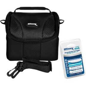 Ultimaxx Small Carrying Case for Cameras & Camcorders + 4 AAA 1100mAh Ni-MH Rechargeable Batteries. Compatible with Sony, Nikon, Canon, Olympus, Fuji, Pentax, Panasonic, Samsung, & more!