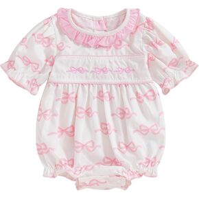Baby Girl Outfit Short Sleeve Frill Round Neck Bow Embroidery Print Bubble Romper Infant Newborn Girls Clothes Spring Summer