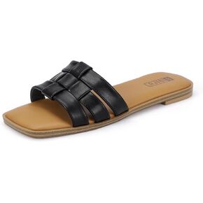IDIFU Braided Flat Sandals for Women Square Open Toe Slip On Slide Sandals Backless Strappy Dress Sandals for Ladies Brides Summer Beach Wedding Dressy Casual Comfortable Trendy Cute Slides Sandals