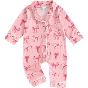 MAINESAKA Newborn Baby Girl Pajamas Romper Bow/Strawberry Long Sleeve Button Down Jumpsuit Infant One-Piece Pjs Sleepwear