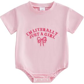 Baby Girls T-Shirt Romper Letter Bow Embroidery Short Sleeve Round Neck Summer Adorable Jumpsuit in Kuwait