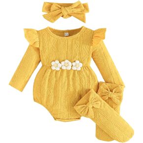 Kunyeah 3Pcs Baby Girl Outfits Infant Ruffle Romper Long Sleeve Bodysuit+Bow Hairband+Socks Newborn Flower Jumpsuit