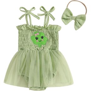Kuriozud Newborn Baby Girl St Patricks Day Outfit Shamrock Smocked Bubble Romper Jumpsuit Headband Spring Summer Clothes