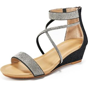 HARENCE Wedge Sandals for Women Dressy: Comfortble Ankle Strap Zipper Low Heels Shoes Fashion Sparkly Summer Sandals