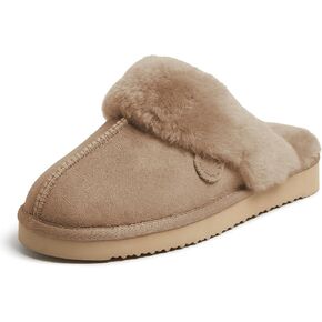 Dearfoams Women's Fireside Sydney Shearling Fur Indoor/Outdoor Scuff Slipper with Wide Widths, Driftwood, 11