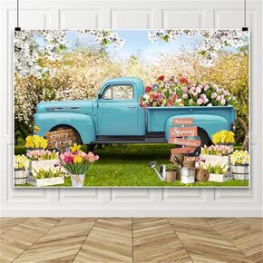 Spring Garden Backdrop Blue Truck Photography Backdrops Blossom Flowers Photoshoot Background Children Birthday Wedding Baby Shower Party Decor 10x8ft