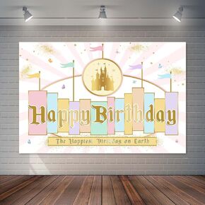 Princess Castle Birthday Backdrop Pastel Rainbow Stripes Magical Birthday Background Gold Glitter Happiest Birthday On Earth Party Cake Table Decorations Banner Photo Booth Props (7x5ft)