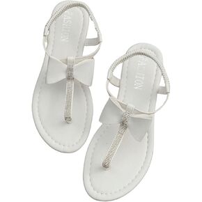 SweatyRocks Women's Rhinestone Bow T Strap Thong Sandals Open Toe Ankle Strap Leather Flat Sandals