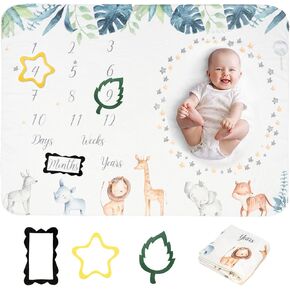 Baby Monthly Milestone Blanket Boy Safari Jungle Animals Personalized Growth Mat Super Soft Photo Blankets