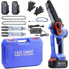 SainSmart Mini Chainsaw 6 Inch Cordless Portable Electric Chainsaw, Handheld Powered Super Saw with 2PCS 3000mAh Batteries, Goggles & Gloves, for Tree Trimming Branch Pruning Woodcutting