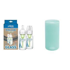 Dr. Brown's Anti-Colic Options+ Narrow Glass Baby Bottles, Level 1 Slow Flow Nipples, Protective Silicone Sleeves, 4 oz 2 Pack and 8 oz Mint