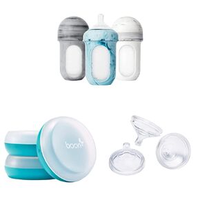 Boon NURSH Reusable Silicone Baby Bottles & NURSH Storage Buns (Pack of 3), Blue-White,3 Count (Pack of 1) & NURSH Silicone Replacement Nipple (Pack of 3)