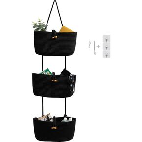 TeoKJ Over the Door Hanging Baskets with Button Strap, 3-Tier Woven Cotton Storage Organizer Bag, Wall-Mounted with Hook Decorative Hanging Nursery Baskets - Black