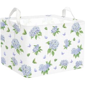 Blue Floral Nursery Basket Spring Hydrangea Flower Collapsible Storage Box Waterproof Canvas Storage Bin with Handle Girly Gift Toy Box Bin for Baby Shower Bedroom Home Decor