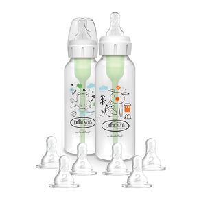 Dr. Brown's Natural Flow Anti-Colic Options+ Narrow Baby Bottle, Squirrel & Goat, 8 oz/250 mL, with Level 1 Slow Flow Nipple, BPA free, 0m+, 2-Pack and Level 2 Flow 6-Pack Nipples