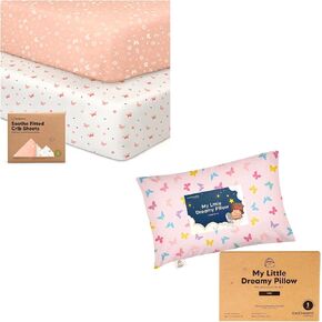 KeaBabies 2-Pack Organic Crib Sheets for Boys, Girls and Mini Toddler Pillow with Pillowcase, Jersey Fitted Baby Crib Sheets Neutral, 9x13 My Little Dreamy Mini Pillow