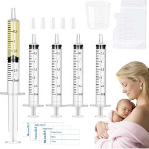 تشمل مجموعة Colostrum Collector Kit 100pcs 3ml من جامع حليب الأم محكم الإبرة لا إبرة محاقن القولون 5 أكياس تخزين حليب الأم وقطعة واحدة 30 مل كوب قياس مع 100 ملصق