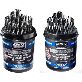 Champion Cutting Tool Brute Platinum 29 Piece & Champion Cutting Tool Brute Platinum Twister-XL5 29 Piece 1/16"-1/2" x 64ths HSS Jobber Drill Bit Set-135 Deg Split Point