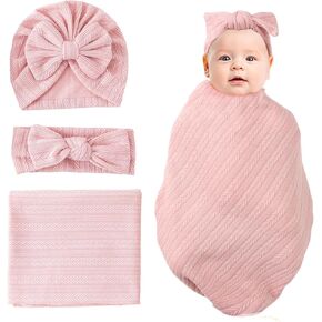 Jastore Baby Infant Twaddle بطانيات للفتيات 3pcs ملحقات حديثي الولادة مع قبعة مطابقة وعصابة رأس القوس (Pale Pink ، 33 "*35")
