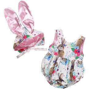 Sinda Baby Girl Easter Outfit Floral Bunny Printed Bodysuit Cute Rabbit Headbands Girl Easter Romper