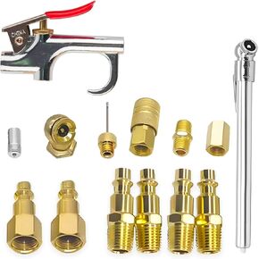 Air Blow Gun Accessory Kit, 14 Piece Air Compressor Tools Kit, with 1/4" NPT Quick Connect Coupler & Plug/Tire Air Chucks/Tire Gauge/Air Nozzles/Air Hose Fittings, Pneumatic Tools Set