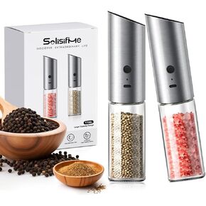 Gravity Electric Salt and Pepper Grinder Set, USB Rechargeable Stainless Steel Mills with Large Capacity Tall Glass, LED Light, Adjustable Coarseness, Ideal for Kitchen and Dining(2PCS)