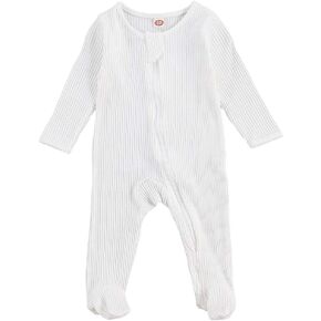 Newborn Baby Boy Girl Romper Bodysuit Long Sleeve Footie Onesie Jumpsuit Ribbed Fall Winter Clothes Outfit (C-Zipper White,0-3 Months)