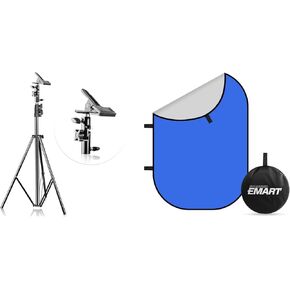 EMART 8.5FT Photography Background Disc Light Stand with 5/8" Heavy Duty Clamp Holdera and 5 X 6.5ft Blue/Grey Screen 2 in 1 Pop Up Collapsible Reversible Background for Photoshoot Zoom Live Streaming